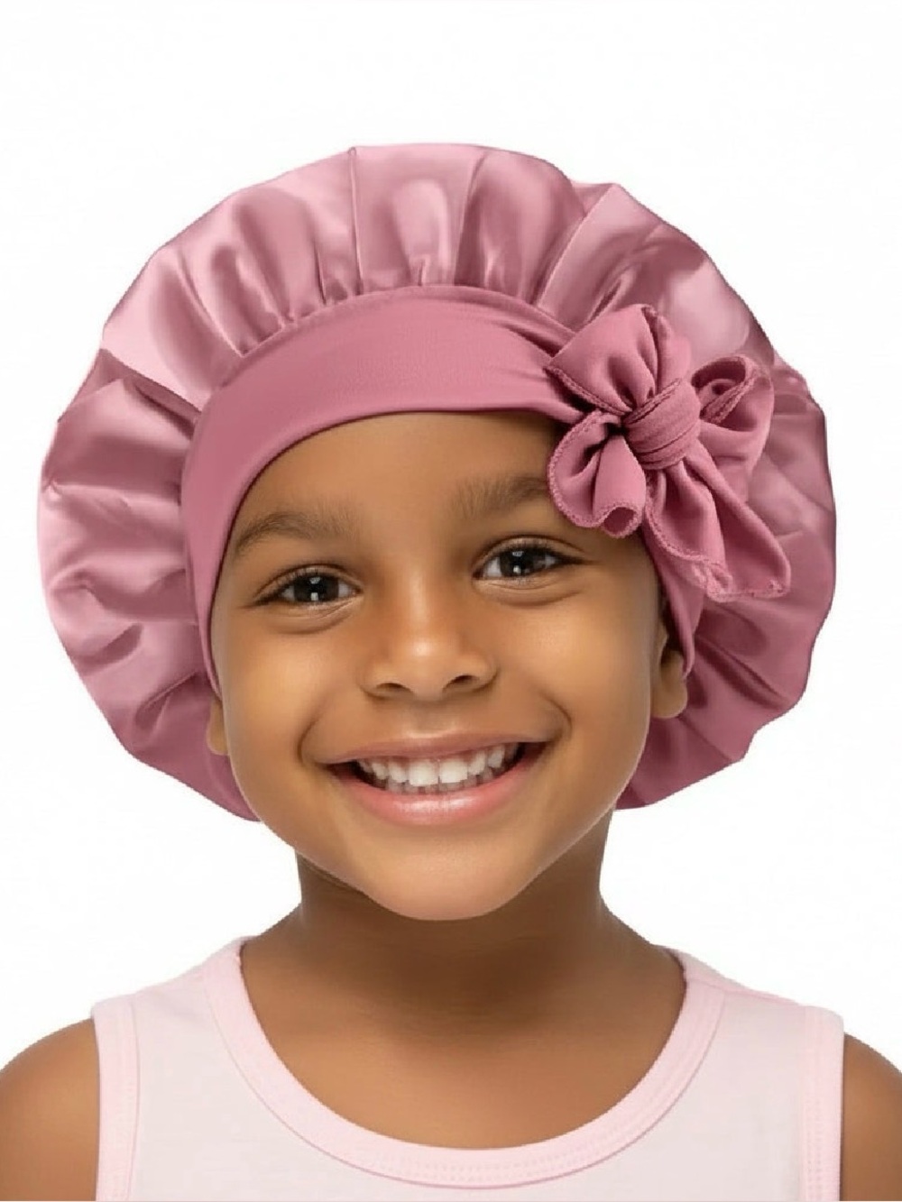 Kids Satin Sleep Bonnet with Flower Accent - Pink